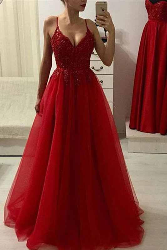 Red A Line Spaghetti Straps Beads Tulle ...